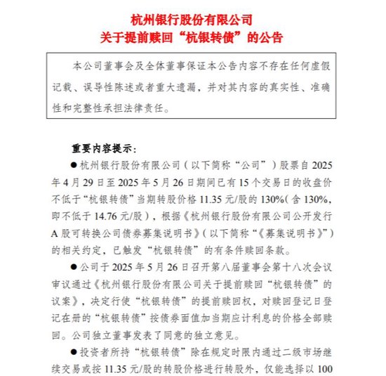 炒股配资开平台 又一只提前赎回！150亿元杭银转债触发赎回条款